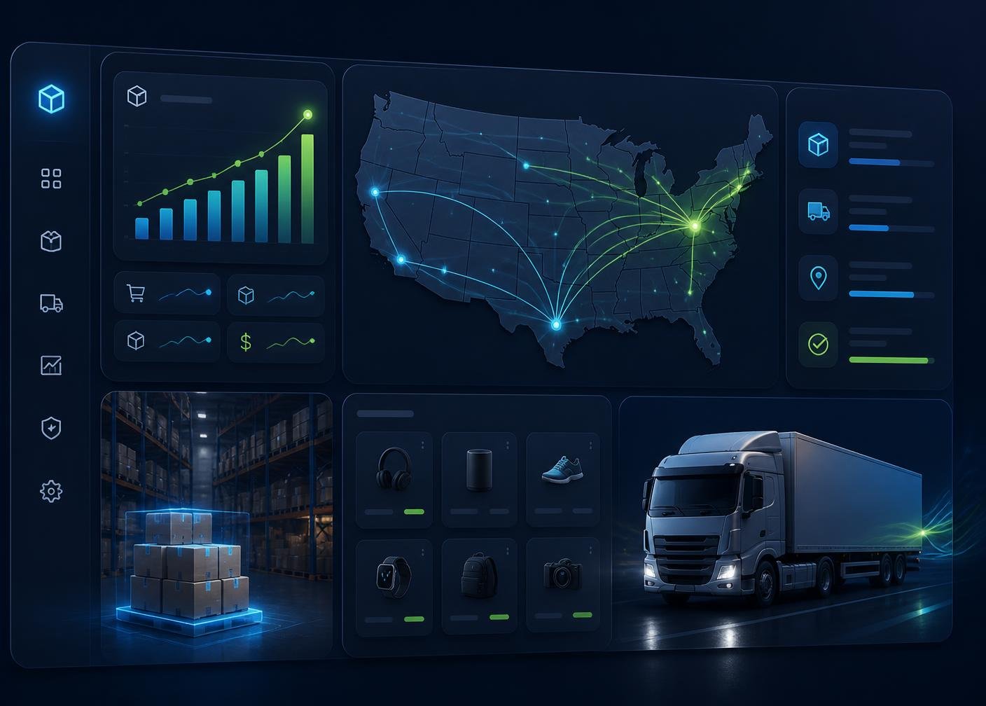 True Base warehouse dashboard showing US shipping routes, live order analytics, and same-day fulfillment